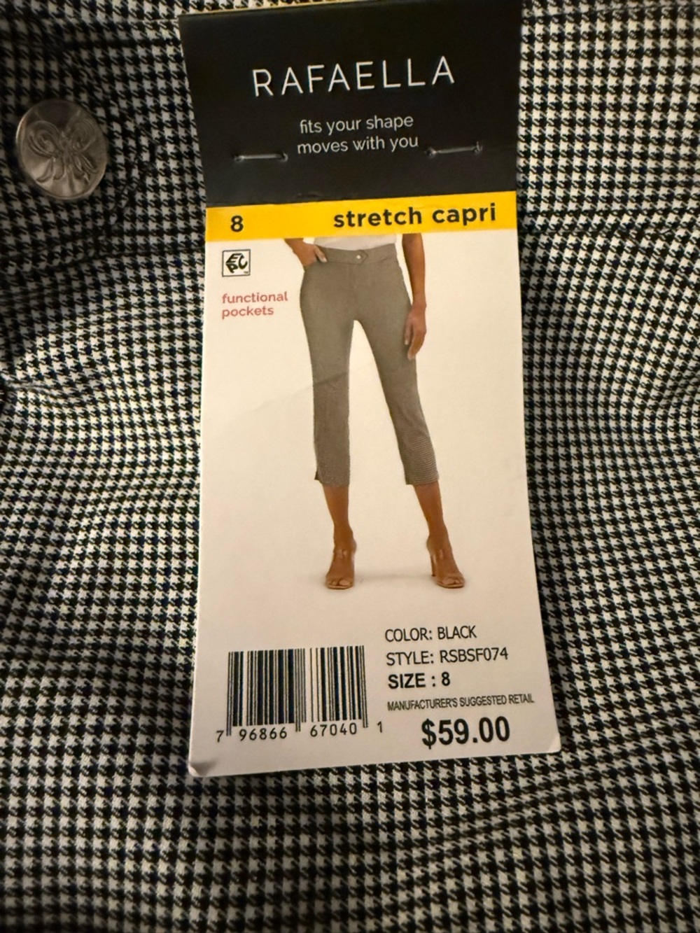 Rafaella Women's 23" Inseam Comfort Stretch Capri Pant-Sz 8 (B&W Checkered)
